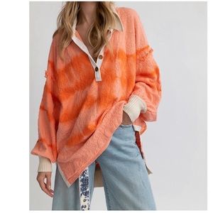 Free People Sweater Pullover orange Henley Polo Tye Die Rib Collar Long Sleeves